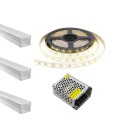 KIT CINTA LED STUDIO 4.8W/MT LUZ CÁLIDA 12V 5 MTS + FUENTE PODER 36W 12V + 5 METROS DE PERFIL SOBREPUESTO