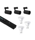 KIT RIEL MONOFASICO LED STUDIO NEGRO DE 1 METRO CON 3 FOCOS Y 3 AMPOLLETAS GU10 LÚZ CÁLIDA.