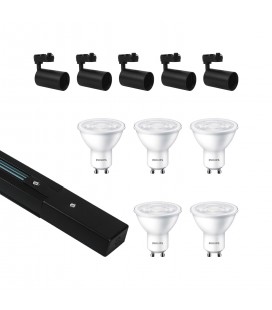 KIT RIEL MONOFASICO LED STUDIO NEGRO DE DOS METROS CON 5 FOCOS Y 5 AMPOLLETAS GU10 3.8W 2700K 340LM IP20