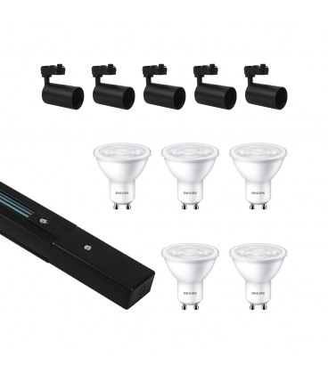 KIT RIEL MONOFASICO LED STUDIO NEGRO DE DOS METROS CON 5 FOCOS Y 5 AMPOLLETAS GU10 3.8W 2700K 340LM IP20