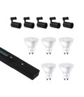 KIT RIEL MONOFÁSICO LED STUDIO NEGRO CON 5 FOCOS RIEL Y 5 AMPOLLETAS GU10