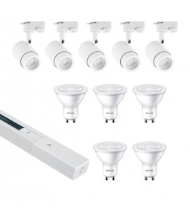 KIT RIEL MONOFASICO LED STUDIO BLANCO DE DOS METROS CON 5 FOCOS Y 5 AMPOLLETAS GU10 3.8W 2700K 340LM IP20