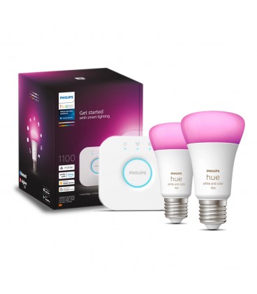 KIT 2 AMPOLLETAS INTELIGENTES E27 PHILIPS HUE 9W LUZ CÁLIDA A LUZ FRÍA + BRIGDE